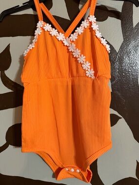 SHEIN Orange Ribbed One-Piece with White Daisy Trim
